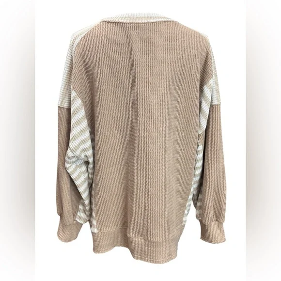 BiBi Tan Striped Contrast Waffle Knit Pullover Sweater Size Large - Picture 4 of 8
